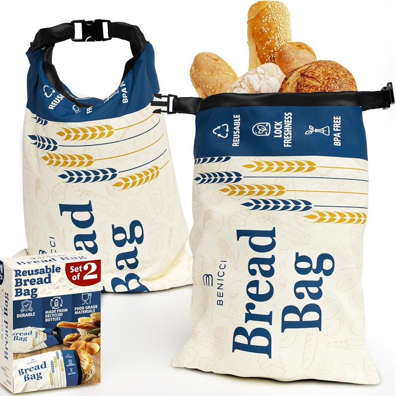 Benicci 2 Pack Reusable Bread Bags - Perfect To Store Homemade Sourdough Loaf Breads - Special Double-Lock for Longer Freshness - Extra Large Food-Grade Bags - Freezer-Safe Bags for Bread Lovers - Image 1